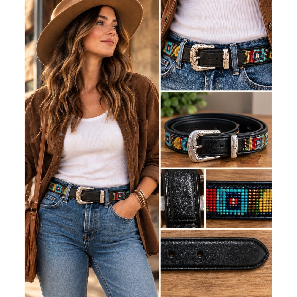 Brighton Belt Womens M 30 Black Leather Beaded Southwestern Silver Buckle